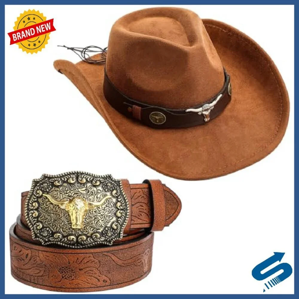 Western Cowboy Hat & Leather Belt Set - Suede & Leather - Unisex - Picture 2 of 8